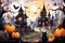 Watercolor castles, bats, cats and pumpkins for cute Halloween day celebration on isolated background, Generative AI