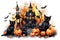 Watercolor castles, bats, cats and pumpkins for cute Halloween day celebration on isolated background, Generative AI