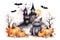 Watercolor castles, bats, cats and pumpkins for cute Halloween day celebration on isolated background, Generative AI