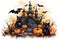 Watercolor castles, bats, cats and pumpkins for cute Halloween day celebration on isolated background, Generative AI