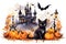 Watercolor castles, bats, cats and pumpkins for cute Halloween day celebration on isolated background, Generative AI