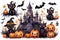 Watercolor castles, bats, cats and pumpkins for cute Halloween day celebration on isolated background, Generative AI