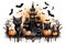 Watercolor castles, bats, cats and pumpkins for cute Halloween day celebration on isolated background, Generative AI