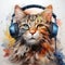 Watercolor cat listening a music. Cute ginger cat in headphones. generative ai