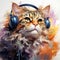 Watercolor cat listening a music. Cute ginger cat in headphones. generative ai