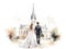 Watercolor Catholic Church with Groom and Bride on White