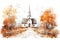 Watercolor Catholic Wooden Church in Autumn Colors on White
