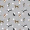Watercolor cats pattern on grey  polka dot background.