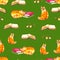 Watercolor cats seamless wallpaper. Cartoon animals children illustration. Emoji green pattern background.