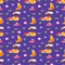 Watercolor cats seamless wallpaper. Cartoon animals children illustration. Emoji violet pattern background.