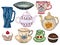 Watercolor Ceramic Porcelien dishware teapot teacup dishware  elegance party element arrangement for invitation card, web banner,