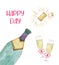 Watercolor champagne bottle and glass for New Year or other holiday decorations. Wedding painted design.
