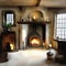 Watercolor of Characterful medieval style living room featuring antique fireplace and