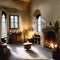 Watercolor of Characterful medieval style living room featuring antique fireplace and