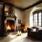Watercolor of Characterful medieval style living room featuring antique fireplace and