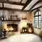 Watercolor of Characterful medieval style living room featuring antique fireplace and