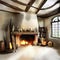 Watercolor of Characterful medieval style living room featuring antique fireplace and