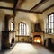 Watercolor of Characterful medieval style living room featuring antique fireplace and