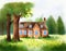 Watercolor of  of a charming countryside brick house on a meadow in the forest ideal for
