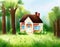 Watercolor of  of a charming countryside brick house on a meadow in the forest ideal for