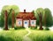 Watercolor of  of a charming countryside brick house on a meadow in the forest ideal for