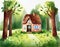 Watercolor of  of a charming countryside brick house on a meadow in the forest ideal for