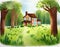 Watercolor of  of a charming countryside brick house on a meadow in the forest ideal for