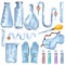 Watercolor chemistry laboratory equipment of tubes and glass. Hand drawn illustration. School set