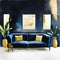 Watercolor of Chic living room with blue velvet gold side modern decor dark blue Copy