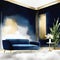 Watercolor of Chic living room with blue velvet gold side modern decor dark blue Copy