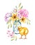 Watercolor chick with a vase of flowers. Isolated group on a white background