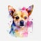 Watercolor Chihuaha portrait, painted illustration of a cute dog on a blank background, Colorful splashes puppy head, AI
