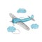 Watercolor child poster with cute plane and clouds. Funny aircraft, clouds for baby graphic suit printing. Greeting card