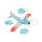 Watercolor child poster with cute plane and clouds. Funny aircraft, clouds for baby graphic suit printing. Greeting card