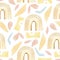 Watercolor childish cute seamless pattern with warm color rainbow. Neutral cute abstract kids background for baby shower