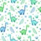 Watercolor childish seamless pattern with blue, green dinosaurs and plants