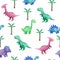 Watercolor childish seamless pattern with dinosaurs and palms.