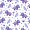 Watercolor childish seamless pattern with purple dinosaurs and plants