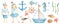 Watercolor children Baltic sea set. Cute little sailor boy and girl, wooden steering wheel, ship, nautical anchor