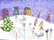 Watercolor children drawing winter sleigh ride