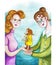 Watercolor children`s drawing of mother and nurse, mother passes on the child`s adon, baby girl, mother trusts the nurse, relation