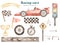 Watercolor children`s set with racing cars, road, flag, trophy, traffic light, start line, timer, finish flag, boy