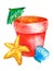 Watercolor children`s toy red bucket with a cocktail umbrella and a seashell, starfish on a white background isolated. summer