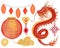 Watercolor Chinese New Year set, red dragon, coins, garland, paper lantern, elements are isolated on white background.