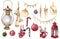 Watercolor Chistmas set with lamp, bells, new year tree toys, candles, lollipos