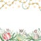 Watercolor Christmas banner with green branches and Ñute mouse. Design happy new year ilustration for greeting cards