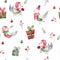 Watercolor christmas bird pattern with gifts and branches. Rustic fabric design for wrapping. Xmas decoration