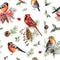 Watercolor Christmas birds and plants seamless pattern. Hand painted cardinal, robin, bullfinch and pine needles