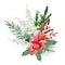 Watercolor Christmas bouquet with fir branches, poinsettia, red barries, pampas grass. Winter floral greenery banner
