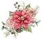 Watercolor christmas bouquet with red poinsettia, pink roses and pine cones. Hand painted flowers, leaves and
